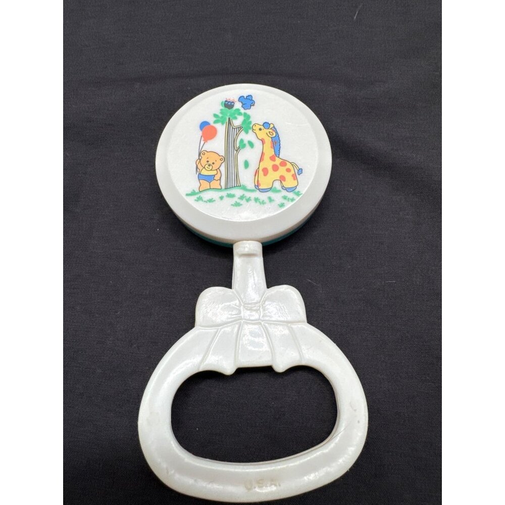 Vintage Luv N Care Baby Rattle With Bear & Giraffe Design White & Teal Plastic
